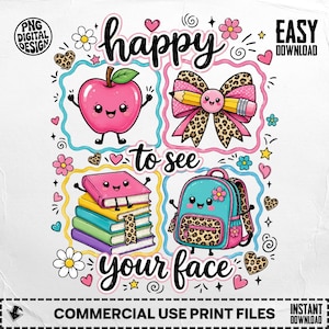 Pode incluir: Um design gráfico digital com o texto happy to see your face, apresentando ilustrações de uma maçã rosa, um laço com estampa de leopardo e um lápis, uma pilha de livros coloridos e uma mochila azul-petróleo com detalhes de leopardo e flores.