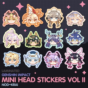 May include: A selection of laminated Genshin Impact mini head stickers, Vol. II, showcasing anime-style character portraits. Each sticker has a unique design with vibrant colours and detailed facial expressions. The stickers are on a black background.