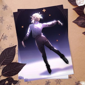 May include: Art print featuring a figure skater in a dynamic pose. The illustration depicts a person with white hair, wearing a light-colored shirt and dark pants, set against a starry, purple background. The artwork has a stylized, artistic aesthetic.