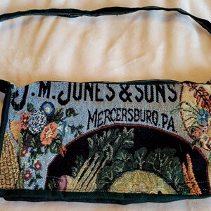Eco friendly upcycled vintage style seed packet tapestry fabric small box style purse