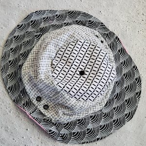 Eco friendly black and white upcycled baby bucket hat made from reclaimed fabrics