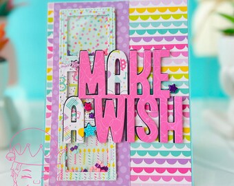 Make A Wish pink, purple and aqua birthday card