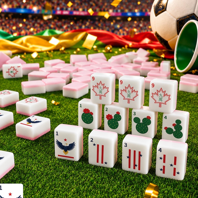 Puede incluir: Una colecci&oacute;n de fichas de mahjong blancas con reverso rosa sobre una superficie verde. Algunas fichas presentan dise&ntilde;os de hojas de arce rojas con el n&uacute;mero 9, mientras que otras muestran ilustraciones de cactus verdes o motivos de &aacute;guilas.