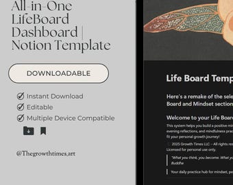 May include: A digital LifeBoard Notion Template on a tablet, promoting personal growth and mindset practices. The template is labelled "All-in-One LifeBoard Dashboard Notion Template" and is "DOWNLOADABLE". It is designed for instant download and is editable.