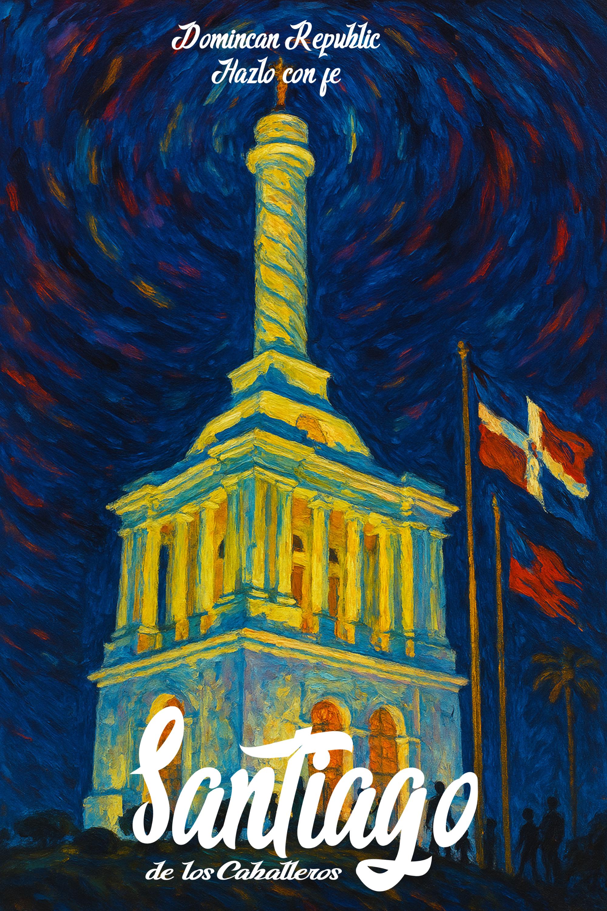 Santiago de los Caballeros Art Print | Dominican Republic Monument with “Hazlo con Fe” Quote | Digital Wall Art, AI Enhanced Painting