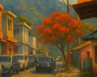 Jarabacoa Wall Art Print | Dominican Republic Street Scene | Tropical Tree Painting | Spanish Quote | Con Dios Todo Es Posible