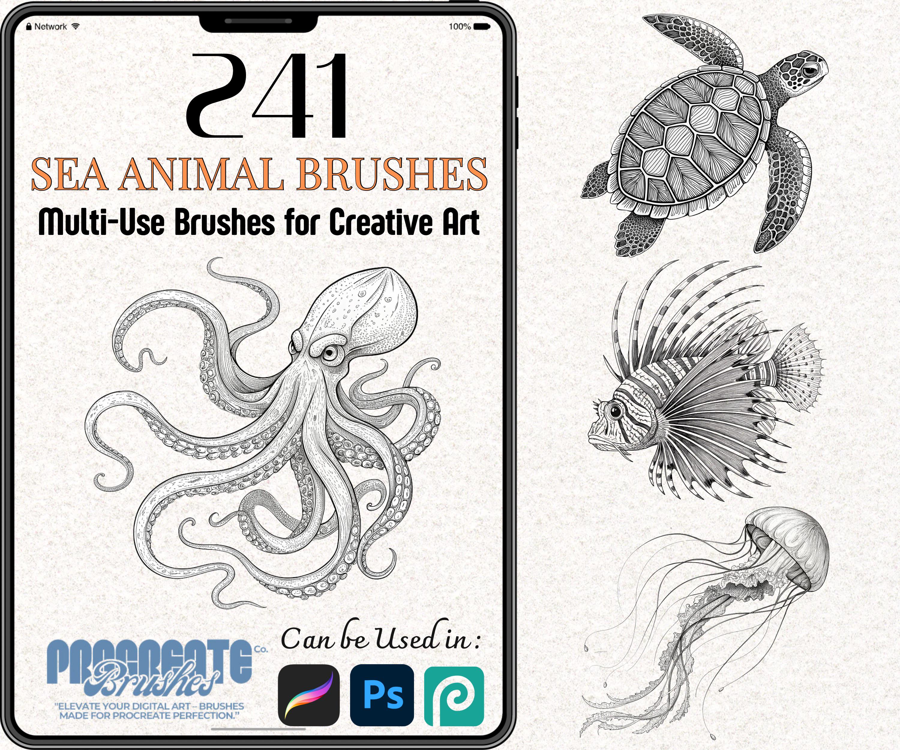 241 Pinceles de Animales Marinos para Procreate y Photoshop – Sellos de Fauna Oceánica, Line Art y Texturas para Tatuaje y Arte Digital