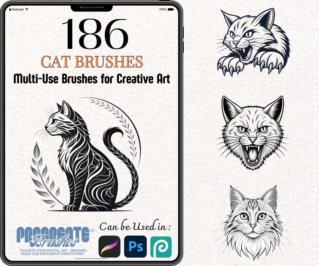 186 Cat Brushes for Procreate & Photoshop – Feline Stamp, Line Art ...