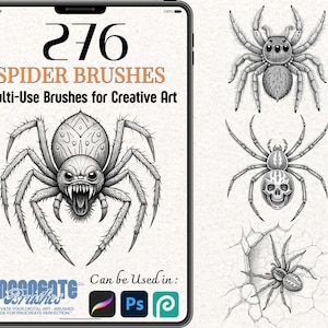 May include: A digital illustration of 276 spider brushes for creative art. The image shows four different spider designs, each with a unique style and detail. The text "276 Spider Brushes" and "Multi-Use Brushes for Creative Art" is displayed at the top of the image. The text "Can be Used in:" is displayed at the bottom of the image, along with icons for Procreate, Photoshop, and Adobe Illustrator.
