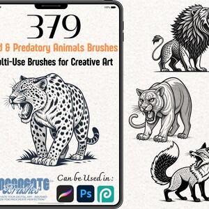May include: Digital art brushes for creative use, featuring a collection of 379 wild and predatory animals. The image includes a roaring lion, a snarling leopard, a tiger, and a fox. The text indicates compatibility with Procreate, Photoshop, and other platforms.
