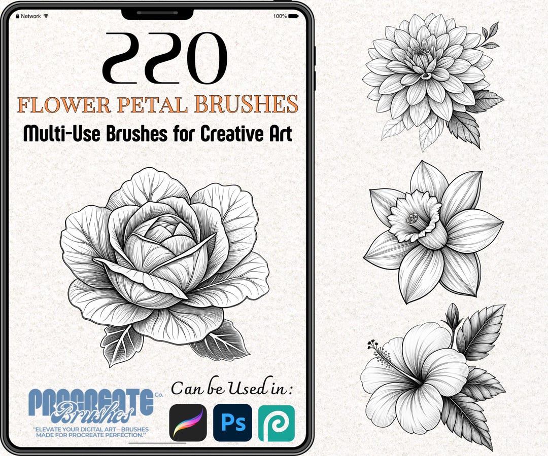 220 Flower Petal Brushes for Procreate & Photoshop – Floral Stamp, Line ...