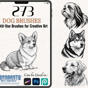 Pode incluir: Uma ilustração digital de 273 pincéis para cães para arte criativa. A imagem mostra três raças de cães diferentes: um corgi, um husky e um golden retriever. O texto "273 DOG BRUSHES" e "Multi-Use Brushes for Creative Art" é exibido no topo da imagem. O texto "Can be Used in: Procreate, Photoshop, and Adobe Illustrator" é exibido na parte inferior da imagem.