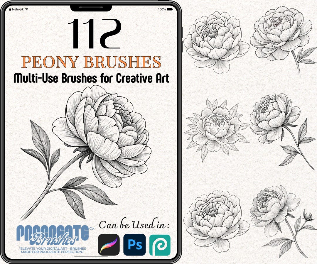 112 Peony Brushes for Procreate & Photoshop – Floral Stamp, Line Art ...