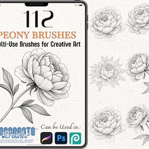 May include: A set of 112 digital peony flower brushes for use in Procreate, Photoshop, and other design programs. The brushes are black and white and feature a variety of styles, including single flowers, buds, and leaves.