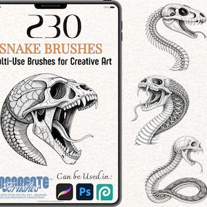 Puede incluir: Anuncio de pinceles digitales con temática de serpientes. La imagen muestra una pantalla de tableta con el texto "230 SNAKE BRUSHES" e ilustraciones de cráneos y cuerpos de serpientes. Compatible con Procreate, Photoshop y otros programas de arte digital.