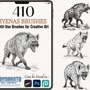 Pode incluir: Pincéis de arte digital para arte criativa, com 410 pincéis de hienas. A imagem mostra ilustrações detalhadas em preto e branco de hienas, com o texto "HYENAS BRUSHES" e "Multi-Use Brushes for Creative Art". Compatível com Procreate, Photoshop e outras plataformas.