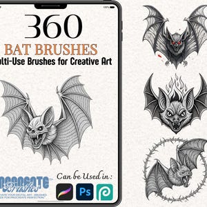 May include: A digital illustration of 360 bat brushes for creative art. The image shows three different bat designs, each with a unique style and pose. The text "360 BAT BRUSHES" and "Multi-Use Brushes for Creative Art" is displayed at the top of the image. The text "Can be Used in:" is displayed at the bottom of the image, along with icons for Procreate, Photoshop, and Adobe Illustrator.