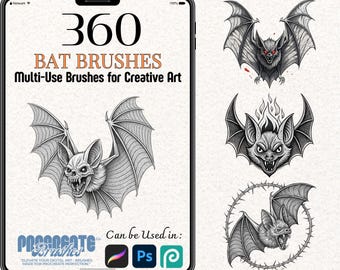 360 Bat Tattoo Brushes for Procreate & Photoshop – Gothic Line Art Stamp Set | Halloween, Vampire, Winged Animal, Flash Design