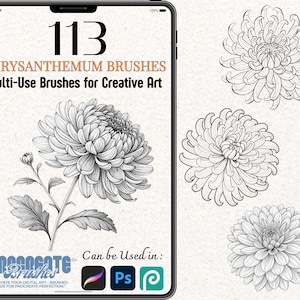 Op de afbeelding: Een set van 113 digitale kwasten voor creatieve kunst met chrysantenbloemen. De kwasten zijn ontworpen voor gebruik in Procreate, Photoshop en andere digitale kunstprogramma's.