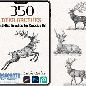 Puede incluir: 350 Pinceles de Ciervo: Pinceles Multiusos para Arte Creativo. Una ilustración digital de tres ciervos con cuernos detallados y pelaje manchado. La imagen está sobre un fondo blanco con el texto "350 Pinceles de Ciervo" y "Pinceles Multiusos para Arte Creativo" en negro.