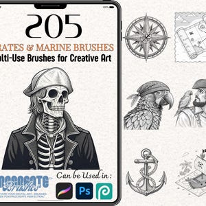 Puede incluir: Un conjunto de 205 pinceles digitales para Procreate, con temas de piratas y marinos. Los pinceles están diseñados para el arte creativo y se pueden usar en Photoshop y otras aplicaciones. La imagen muestra una calavera y huesos cruzados, un loro, un ancla y un barco pirata.