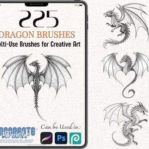 May include: Digital art brushes for creative art, featuring dragon illustrations. The image displays the text "225 DRAGON BRUSHES Multi-Use Brushes for Creative Art." The brushes are compatible with Procreate, Photoshop, and other digital art platforms.