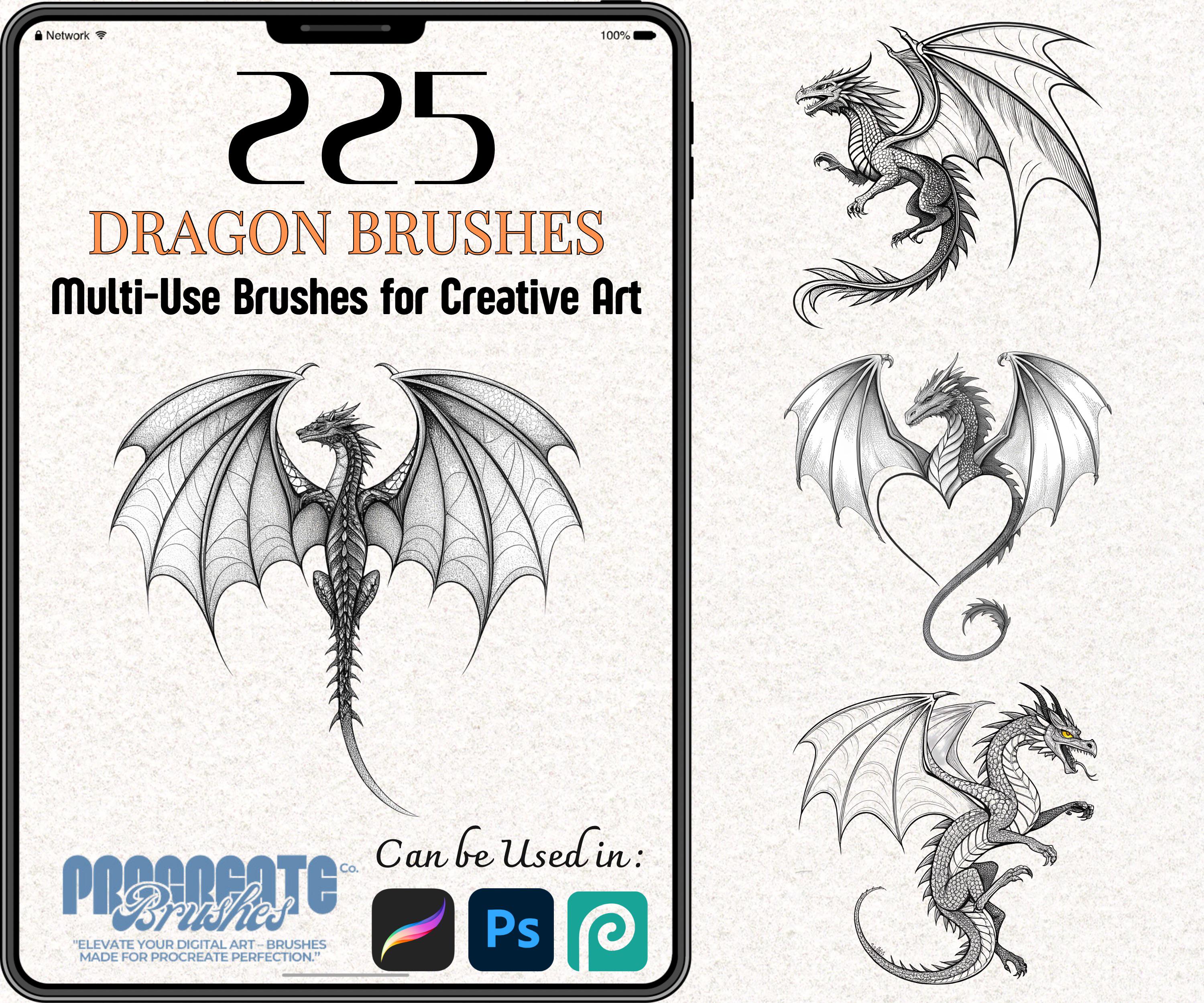 225 Dragon Brushes for Procreate & Photoshop – Fantasy Stamps, Line Art & Texture Set for Tattoo, Illustration & Concept Art