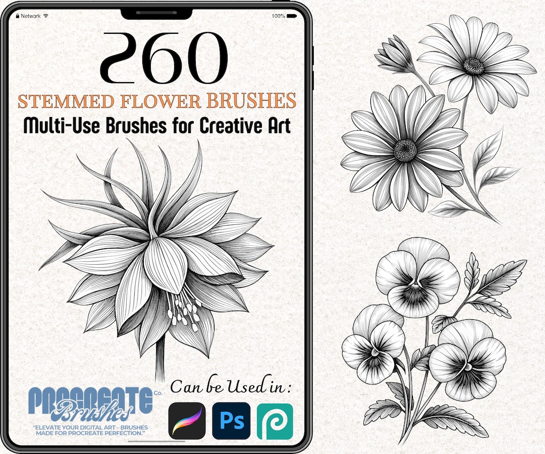260 Flower Brushes for Procreate & Photoshop – Floral Stamp, Line Art ...