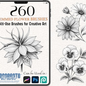 May include: A digital illustration of 260 stemmed flower brushes for creative art. The image shows three different flower designs: a large flower with multiple petals, a daisy-like flower, and a pansy-like flower. The text "STEMMED FLOWER BRUSHES" and "Multi-Use Brushes for Creative Art" is displayed at the top of the image.