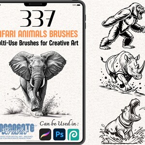 May include: A tablet screen displays a digital art product with the text "337 SAFARI ANIMALS BRUSHES". The image includes illustrations of an elephant, gorilla, rhino, and hippo. The product is compatible with Procreate, Photoshop, and other software.