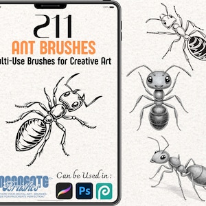 May include: A digital art graphic featuring the text "211 ANT BRUSHES" and "Multi-Use Brushes for Creative Art." The image includes several detailed illustrations of ants. The Procreate Brushes logo is at the bottom, with icons for Procreate, Photoshop, and Affinity.