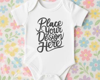 White Bodysuit Mockup, Bodysuit Flat Lay 4424 Mock-up,Flat Lay White Infant Bodysuit Mockup,Vest Mock-Up, Baby Bodysuit Mock