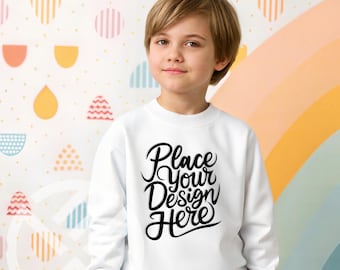 Kids Gildan 18000b Sweatshirt Mockup | Boy White Sweatshirt Mockup | Youth Crewneck Sweatshirt Mockup For POD | Youth Mockup Gildan 180B