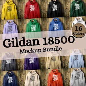 Peut inclure: Un ensemble de maquettes de 16 sweats à capuche Gildan 18500 dans différentes couleurs. Chaque sweat à capuche présente un texte blanc superposé qui dit "Place Your Design Here".
