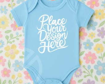 Light Blue Bodysuit Mockup, Bodysuit Flat Lay 4424 Mock-up,Flat Lay Light Blue Infant Bodysuit Mockup,Vest Mock-Up, Baby Bodysuit Mock