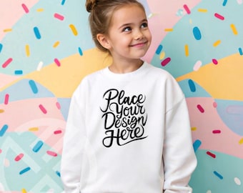 Kids Gildan 18000b Sweatshirt Mockup | Gildan 180B white Aesthetic Mockup Youth Crewneck Sweatshirt Mockup For POD | Youth Mockup