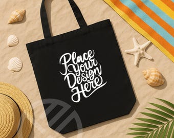 Beach Tote Bag Mockup, Black Canva Tote Bag Mockup , Flat Lay black Tote Bag Mockup,Dark Tote Bag Template, summer mockup