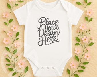 White Bodysuit Mockup, Bodysuit Flat Lay 4424 Mock-up,Flat Lay White Infant Bodysuit Mockup,Vest Mock-Up, Baby Bodysuit Mock