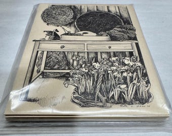 Juego vintage de 6 tarjetas "Flower Bench" con sobres (nuevo en paquete) de Mary Lorish Jahn