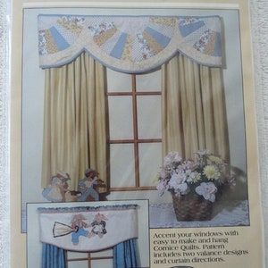 May include: A sewing pattern for a nursery cornice quilt. The pattern includes two valance designs and curtain directions. The pattern is titled "Nursery Cornice Quilts" and is numbered #890. The pattern is by Donna Gallagher, Creative Needlearts, Inc.