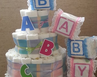 3 Tier Diaper Cake ABC Alphabet Baby Shower Gift Centerpiece Boy Girl Unisex