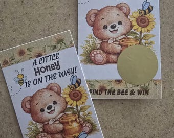 A Little Honey Is On The Way Scratch 'n Win Baby Shower Party Game Cards - FIND THE BEE to Win!