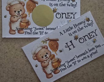 A Little Honey Is On The Way Scratch 'n Win Baby Shower Party Game Cards - FIND THE LETTER "H" to Win!