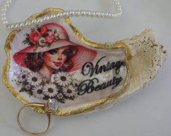 Decoupaged Oyster Shell Jewelry Trinket Ring Dish: Vintage Art Woman Flower Garden Hat - #VB-D