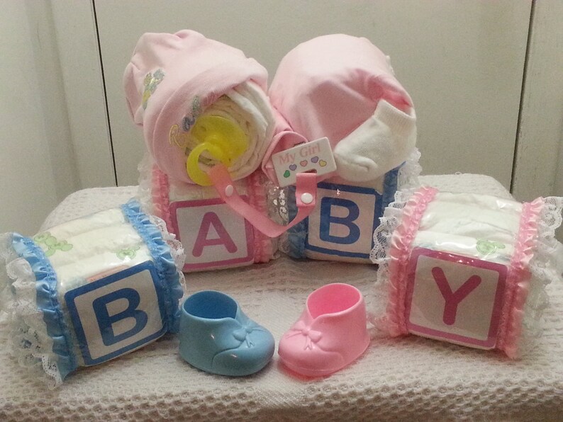 Alphabet Baby Blocks and Sleeping Baby Diaper Cake Gift Set Boy Girl Unisex
