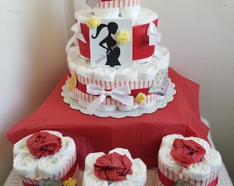 3 Tier Diaper Cake Red White Ready to Pop Baby Shower Gift Centerpiece Boy Girl