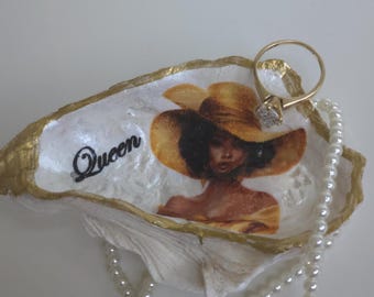 Decoupaged Oyster Shell Jewelry Trinket Ring Dish: Black Woman Queen Fashion Hat Art - #FQ-A