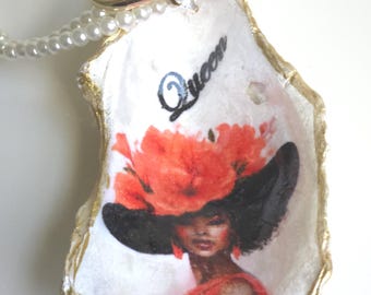 Decoupaged Oyster Shell Jewelry Trinket Ring Dish: Black Woman Queen Fashion Hat Art -#FQ-C