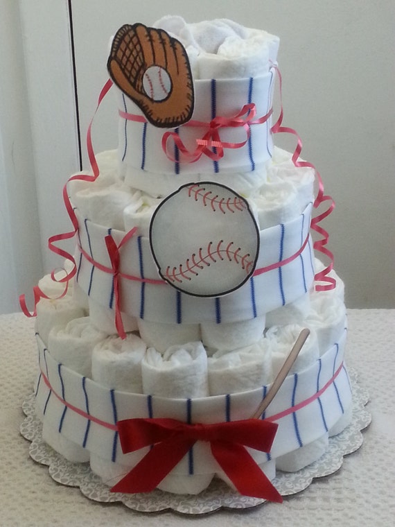 3 Tier Diaper Cake Red White Pinstripe Baseball Baby Shower Gift