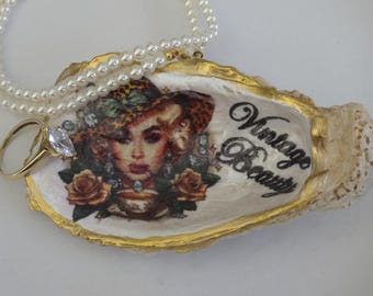 Decoupaged Oyster Shell Jewelry Trinket Ring Dish: Vintage Art Woman Flower Garden Hat - #VB-C